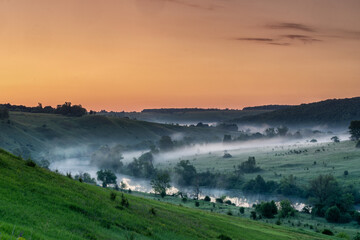 The Beautiful Sword River in the Tula region at dawn, Russia - obrazy, fototapety, plakaty