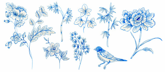 Beautiful floral set with hand drawn watercolor wild blue and white herbs and flowers. Stock illustration.