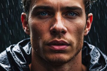 athlete outside in the rain. the concept of sports and tourism. In a raincoat. morning jog in bad weather. preparation for running competitions. portrait close-up of a man