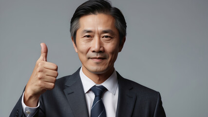 close-up portrait of an Asian man smiling mature businessman giving a thumbs up on a gray background. banner