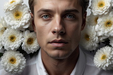 close-up portrait of a guy with flowers decorating her head and hair. men holiday. White background