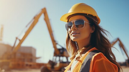 female Civil Engineer Wearing Protective Goggles, Construction Site, sunny day, copy space, 16:9 - obrazy, fototapety, plakaty