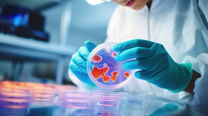 Lab technician examining a petri dish containing a precision fermentation sample, representing advanced biotechnology research