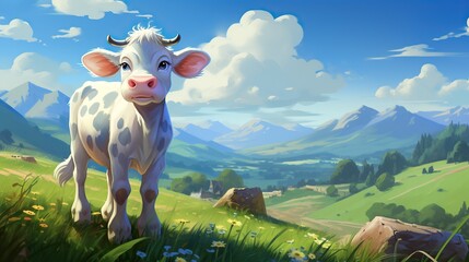 A girl paints an illustration of a cow cartoon character - obrazy, fototapety, plakaty