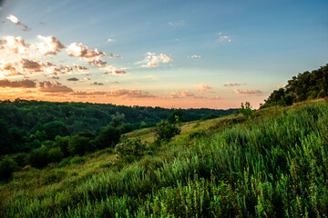 Red sun over the forest . Sun in the sky . Summer sunrise . Forest at the morning . Green forest . Beautiful landscape 