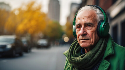 adult man with headphones on the background city. An elderly sad man listens to music. fashion...