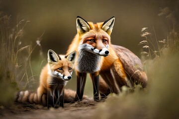 red fox vulpes adult fox with young - obrazy, fototapety, plakaty