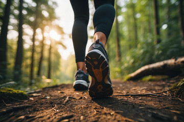 closeup photo similar of feet walking with running shoes and sport leggins at a path in the forest
