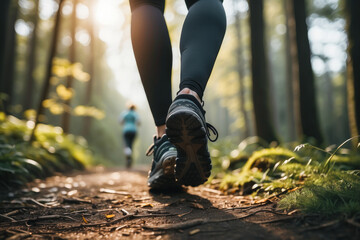 closeup photo similar of feet walking with running shoes and sport leggins at a path in the forest