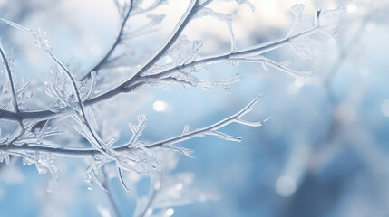 Obraz premium Close-up of Frost-Covered Tree Branches and Twigs in a Winter Garden with a Blurred Background