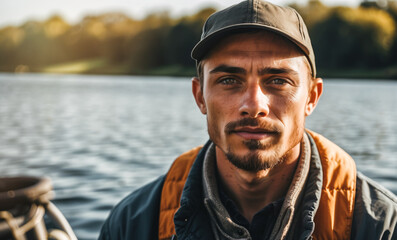 portrait of a man. fisherman on the lake in the morning