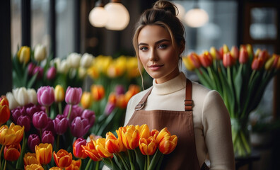 A smiling, friendly young female florist working at the market. girl, modern flower shop. tulips for women's Day on March 8th