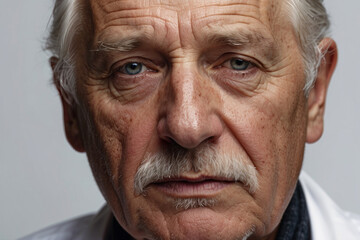 Obraz premium portrait of a lonely elderly man in close-up, an elderly pensioner, in a studio on a white background. Sad, reflecting a sense of loneliness and anxiety.