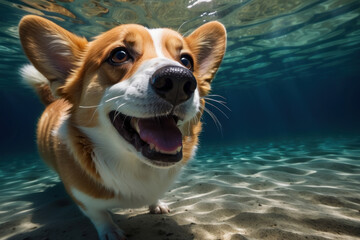 Welsh corgi in the water. dog on vacation underwater in the lake. A small purebred breed looks charming, a perfect portrait of a beloved pet.