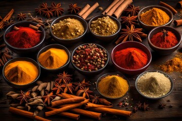 different seasonings in cups spice background onbthe table