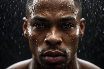 Fototapeta na wymiar African American athlete outside in the rain. the concept of sports. Olympic Games. morning jog in bad weather. professional training for running competitions. portrait close-up man boxer