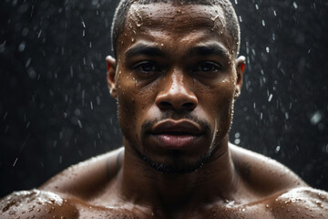African American athlete outside in the rain. the concept of sports. Olympic Games. morning jog in bad weather. professional training for running competitions. portrait close-up man boxer