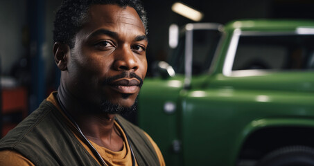 African American car service mechanic man in uniform stands against the background of a car with an open hood, smiles and looks at the camera. Car repair and maintenance. banner for auto repair shop