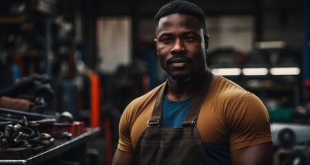 African American car service mechanic man in uniform stands against the background of a car with an open hood, smiles and looks at the camera. Car repair and maintenance. banner for auto repair shop