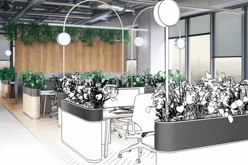 Offene Büroarchitektur unter Berücksichtung der Nachhaltigkeit bei der Wahl der Materialien und der Raumgestaltung (Teileintwurf) - 3D Visualisierung