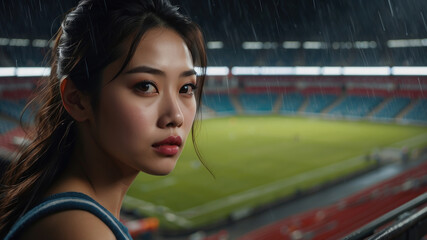 Obraz premium Asian woman athlete against the backdrop of a night stadium. The girl is a football fan. Olympic Games. professional running competition training. banner