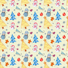 The seamless texture is assembled from the details of the Christmas and New Year theme depicted with markers.