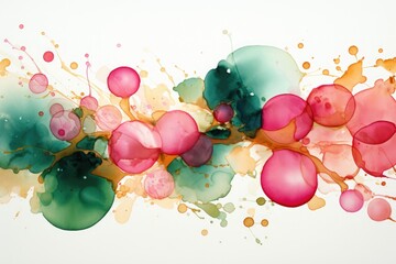 ink watercolor green, pink and sparkling gold splash, clip art, white background