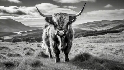black and white photo of a highland cow in the scottish countryside - obrazy, fototapety, plakaty