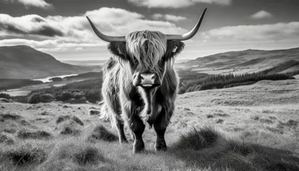 Crédence de cuisine en verre imprimé Highlander écossais black and white photo of a highland cow in the scottish countryside