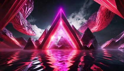 3d render abstract fantasy background unique futuristic wallpaper with triangular geometric shape glowing with pink red neon light colorful cloud and water