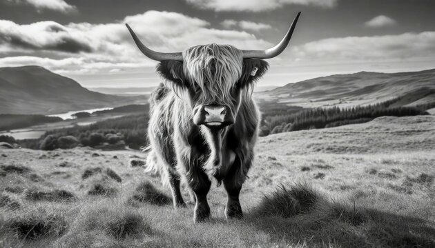 black and white photo of a highland cow in the scottish countryside