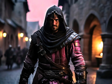Young medieval thief moves through a dark street
