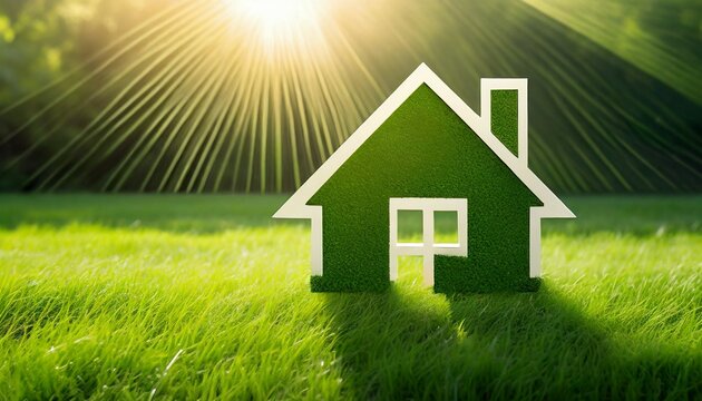 the image portrays a conceptual representation of a green home and environmentally friendly construction it includes a house icon placed on a lush green lawn with the sun shining overhead