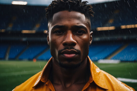 Close-up portrait of an African substitute at a football match with the stadium in the background. athlete runner celebrates victory. Olympic Games in bad weather, rain