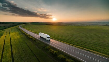 white truck driving on asphalt road along the green fields at sunset seen from the air aerial view landscape drone photography cargo delivery - obrazy, fototapety, plakaty