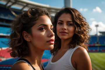 american woman athlete on the background of the stadium. The girl is a professional running training. The girl is a football fan. Tennis player. Olympic Games banner. portrait close-up