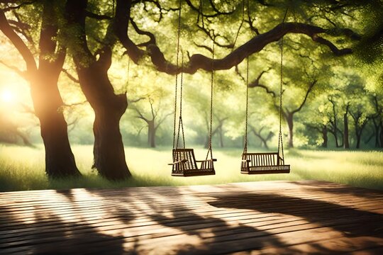 old wooden terrace with  wicker swing hang on the tree blurry nature background 3d render