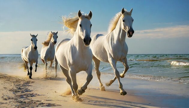 incredible photography of white horses running on a white sand beach sunny morning