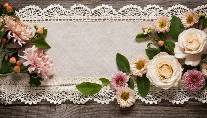 vintage background with lace and border of beautiful flowers