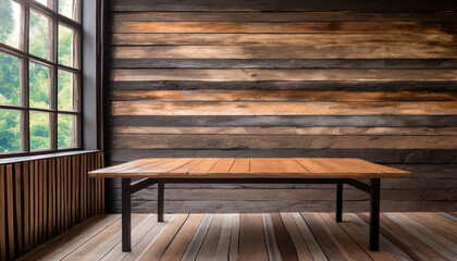 table with wood wall in background