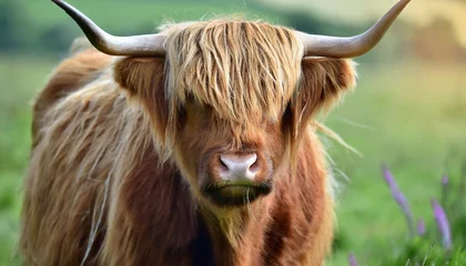 Papier Peint photo Lavable Highlander écossais highland cow close up photo with blurred background