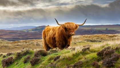 a majestic golden brown highland bull photographed in isle of islay scotland