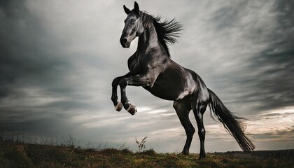 Obraz na płótnie Canvas dramatic photo of a black horse rearing