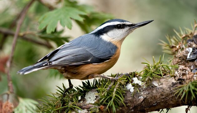 nuthatch stock photos close up profile view perched on a tree branch in its environment and habitat with a blur background displaying feather plumage and bird tail image picture portrait