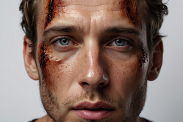 A man with scars and burns on his face. close-up portrait on a white background. after a fire with a burning face and abrasions.