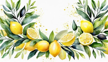lemons with leaves and olives hand drawn watercolor illustration lemon frame isolated on white