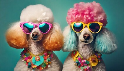 two lovely poodles wearing sunglasses with vibrant colored frames and colorful hair adorned with vintage accessories studio photography ai generative image