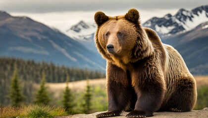brown bear ursus arctos sitting - obrazy, fototapety, plakaty