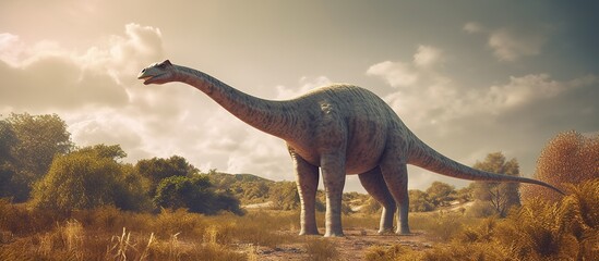 Big brachiosaurus with a long neck. Herbivorous dinosaur of the Jurassic period. - obrazy, fototapety, plakaty