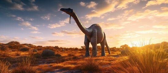 Big brachiosaurus with a long neck. Herbivorous dinosaur of the Jurassic period. - obrazy, fototapety, plakaty